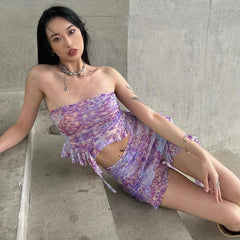 Purple Printed Frill Tube Top And Mini Skirt Two Piece Set