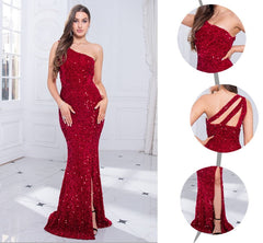 Red Sequin One Shoulder Sleeveless Maxi Dress