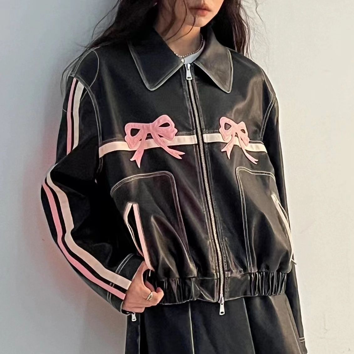 Faux Leather Stripe Bow Zipper Jacket