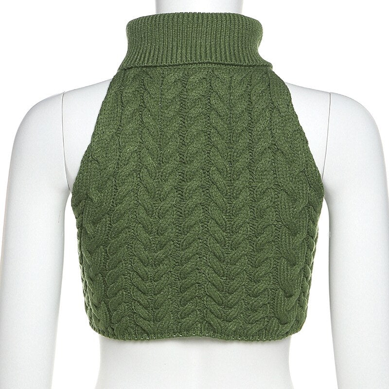 Green Knit Button Turtleneck Crop Top