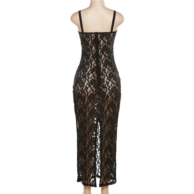 Black Lace Sheer Midi Bodycon Dress