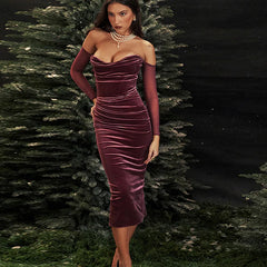 Velvet Maroon Off-Shoulder Bodycon Midi Dress