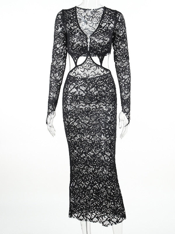 Black Deep Neck Lace Mesh Long Sleeve Cut Out Maxi Dress