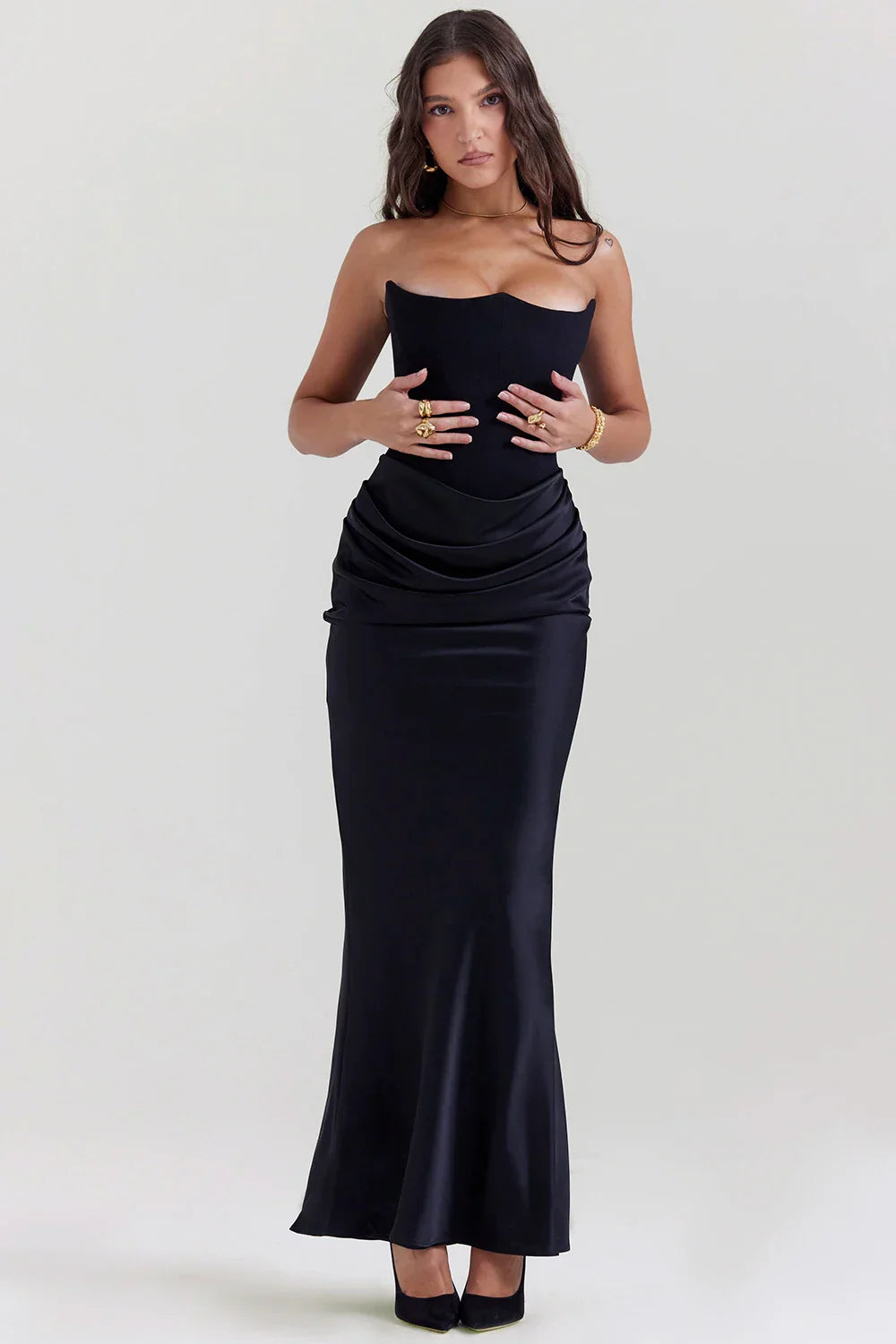 Black Corset Tube Satin Maxi Dress