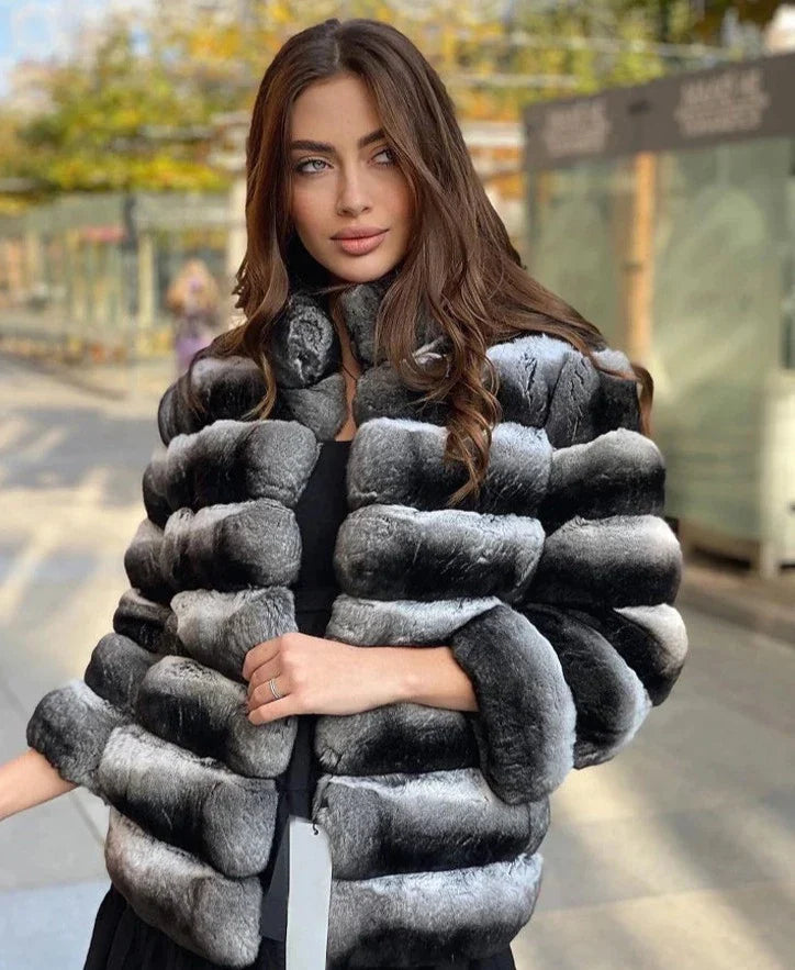 Chinchilla Style Genuine Rex Rabbit Fur Coat Short