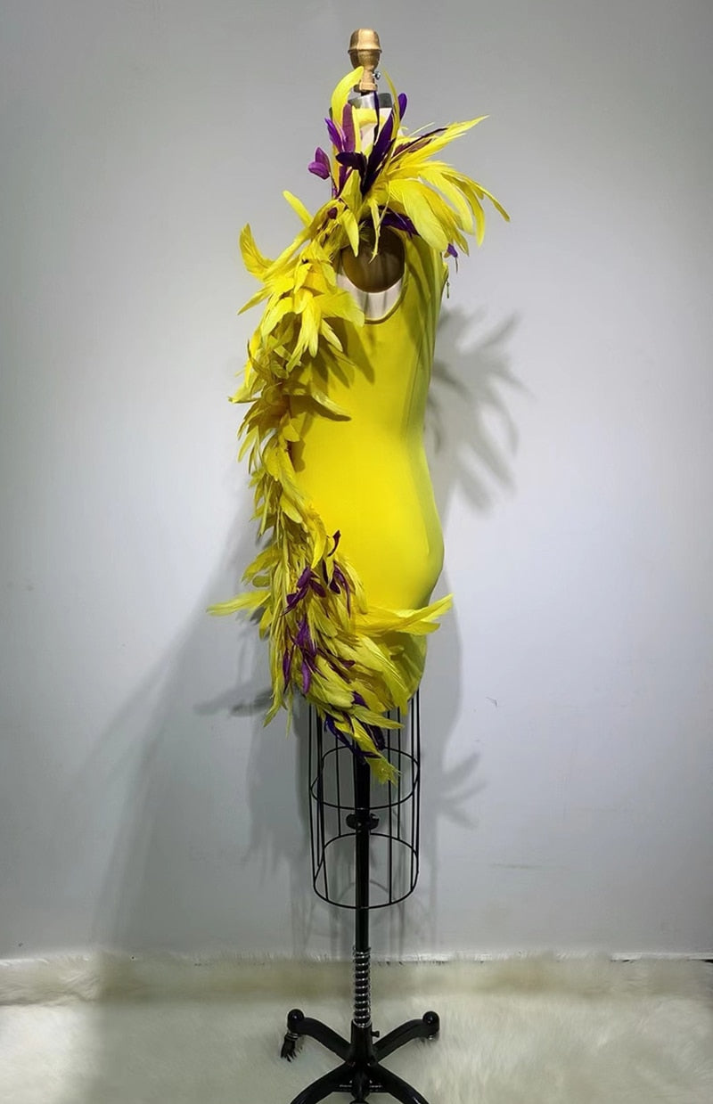 Yellow Feather Mini Dress