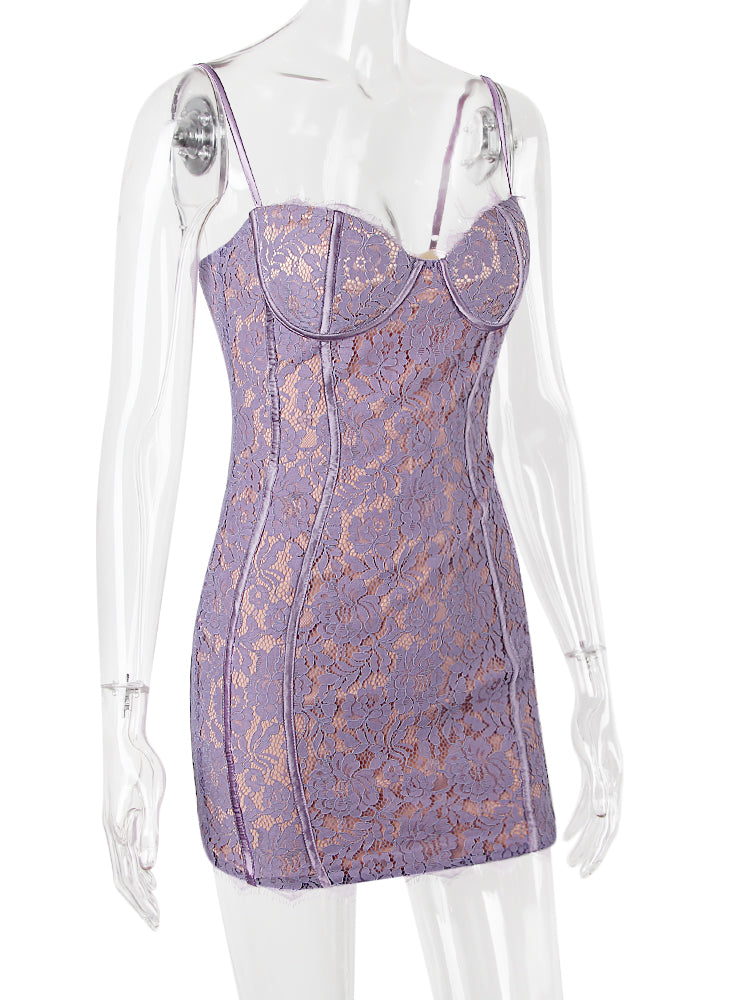 Purple Lace Cupped Strap Mini Dress