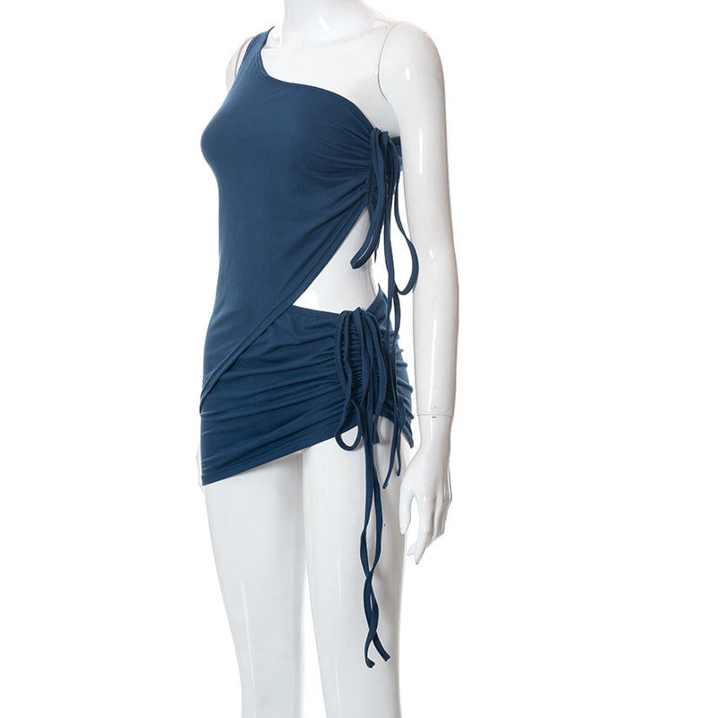 One Shoulder Drawstring Blue Skirt And Top Set