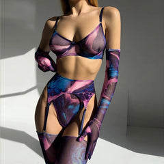 Mesh Printed Tie Dye Lingerie Set With Stocking Sleeve