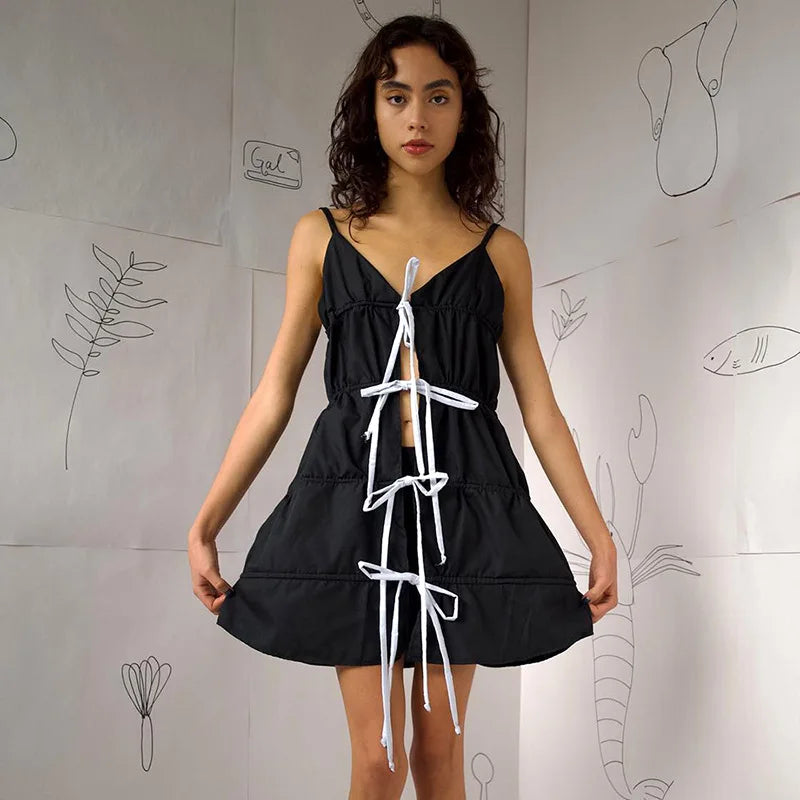 Black Lace Tie-Up Mini Dress