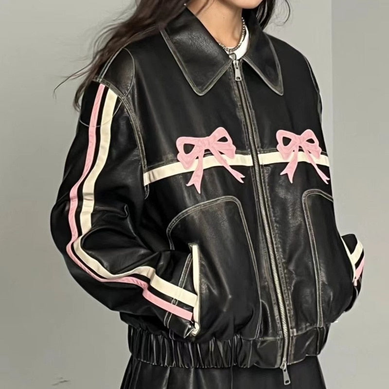 Faux Leather Stripe Bow Zipper Jacket