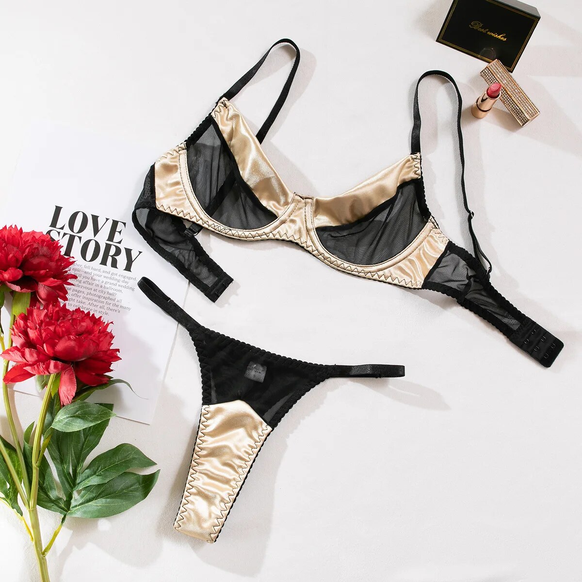 Black Mesh Gold Patchwork Lingerie Set