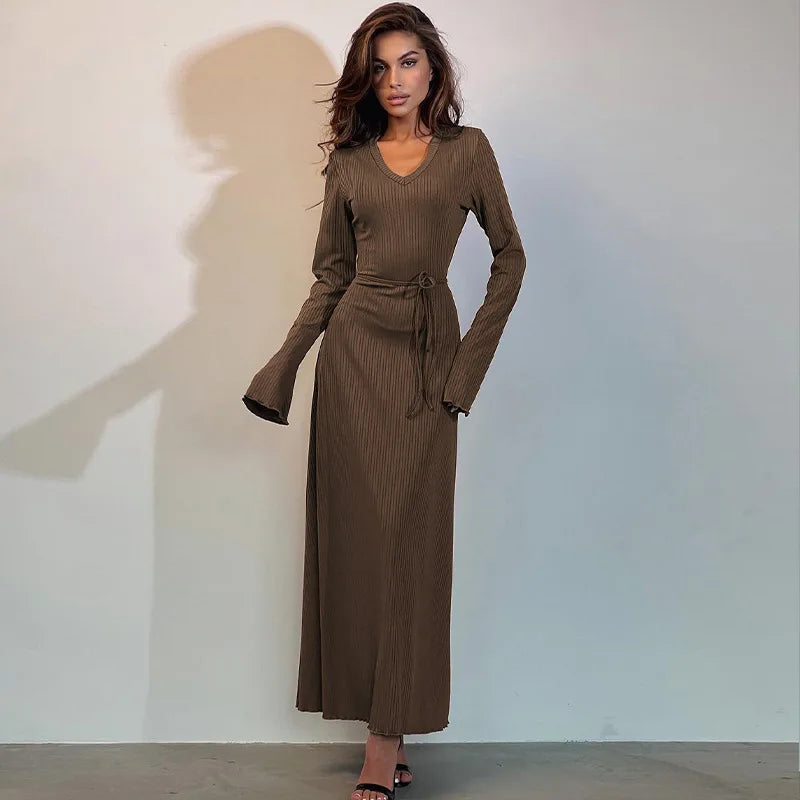 Bell Long Sleeve Ribbed Bodycon Maxi Dresses