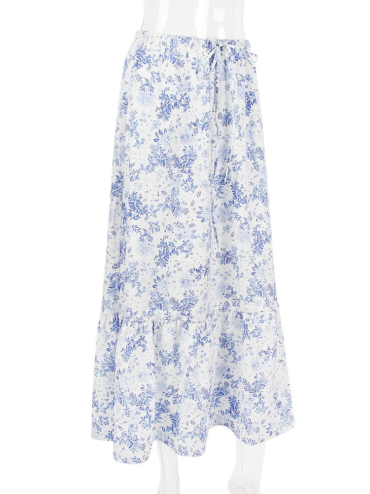 Blue Floral Print Midi Skirt