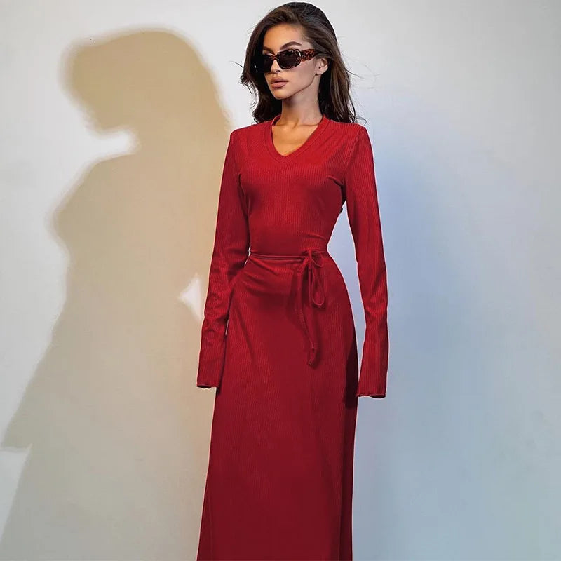 Bell Long Sleeve Ribbed Bodycon Maxi Dresses