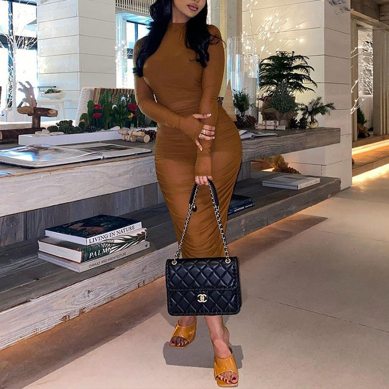 Brown Long Sleeve Mesh Sheer Midi Dress