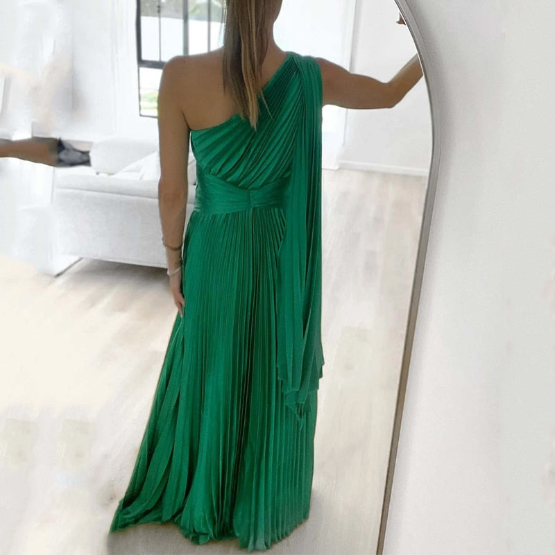 Satin Pleated Drape Sleeve Floor-Length Dresses