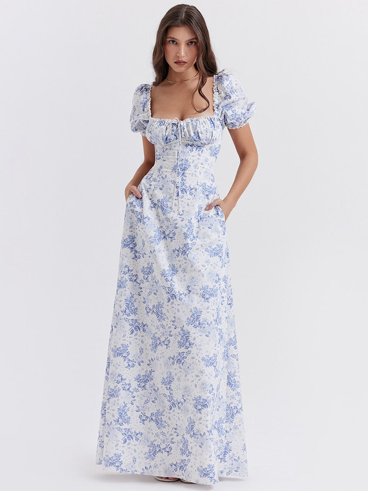 Blue Floral Print Short Puff Sleeve With Pocket Maxi Dress