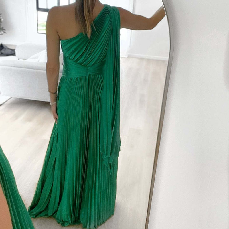 Satin Pleated Drape Sleeve Floor-Length Dresses