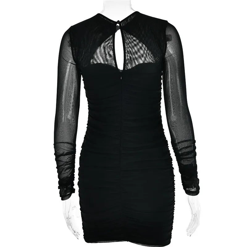 Two Layer Mesh Long Sleeve Ruched Mini Dresses