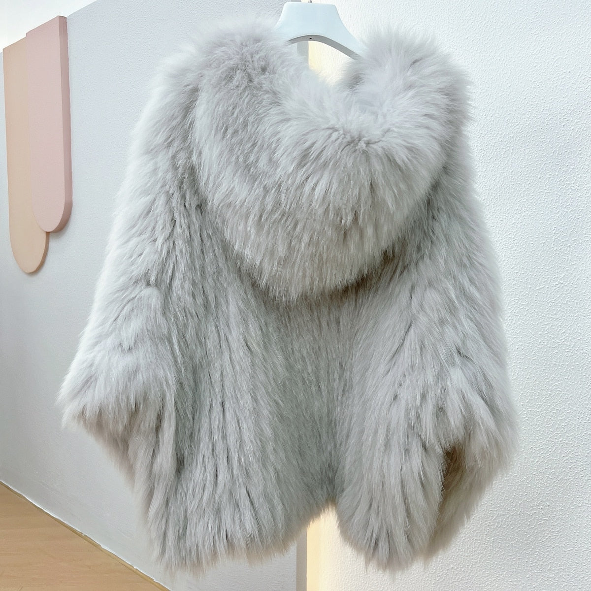 Luxury Knitted Hooded Bat Sleeved Real Fur Coats