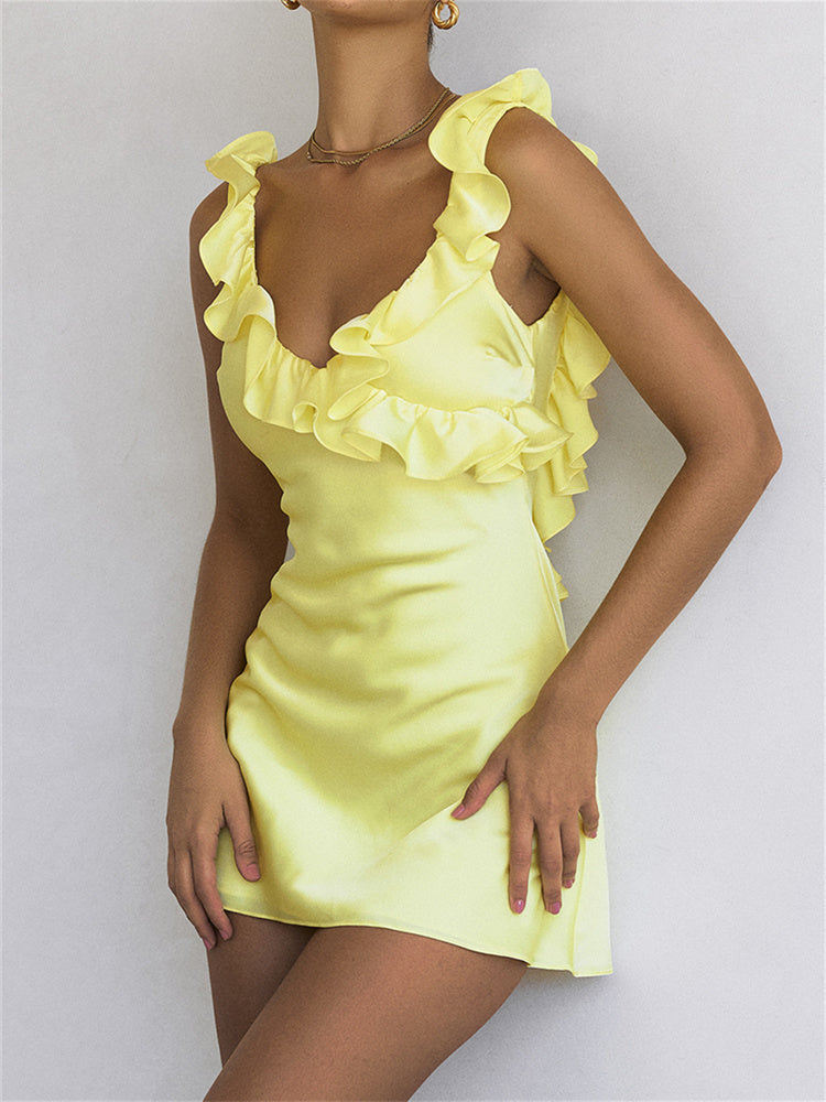 Satin Sleeveless Ruffle Vacays Mini Dress