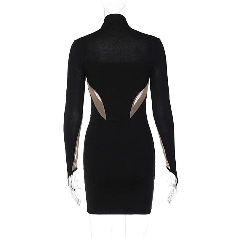 Black Patchwork Mesh Long Sleeve Bodycon Mini Dress