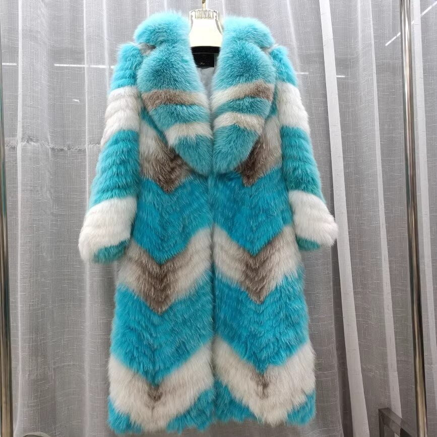 Thin Striped Color Pattern Real Fox Fur Coats  X-Long