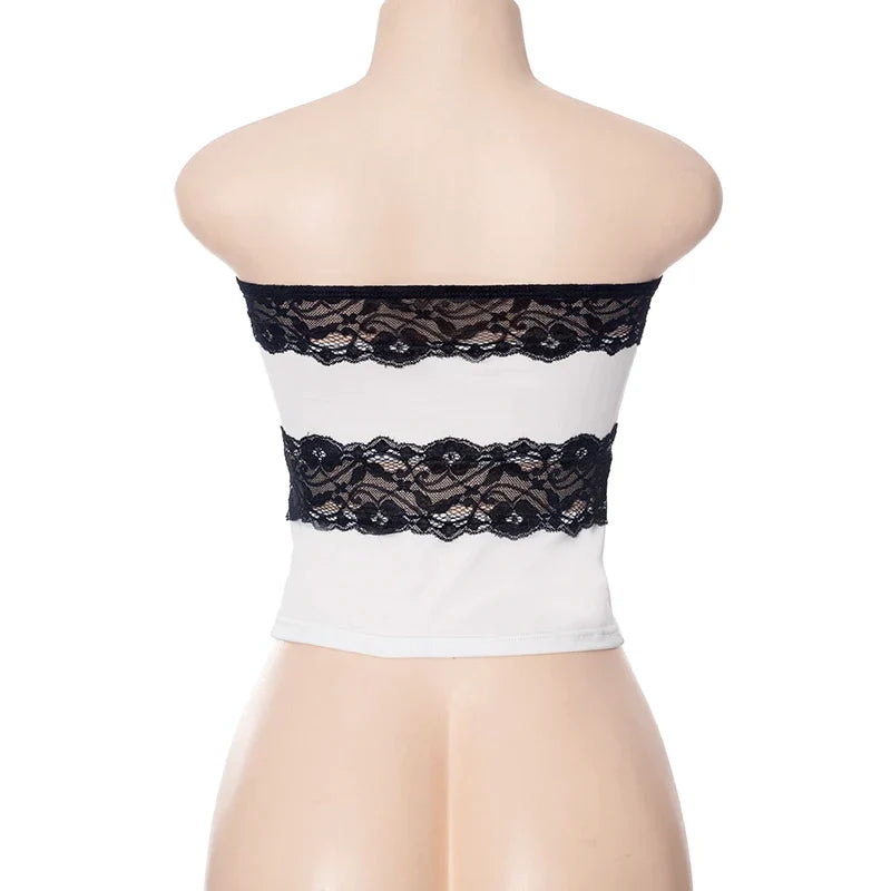 Black Lace Trim White Tube Top