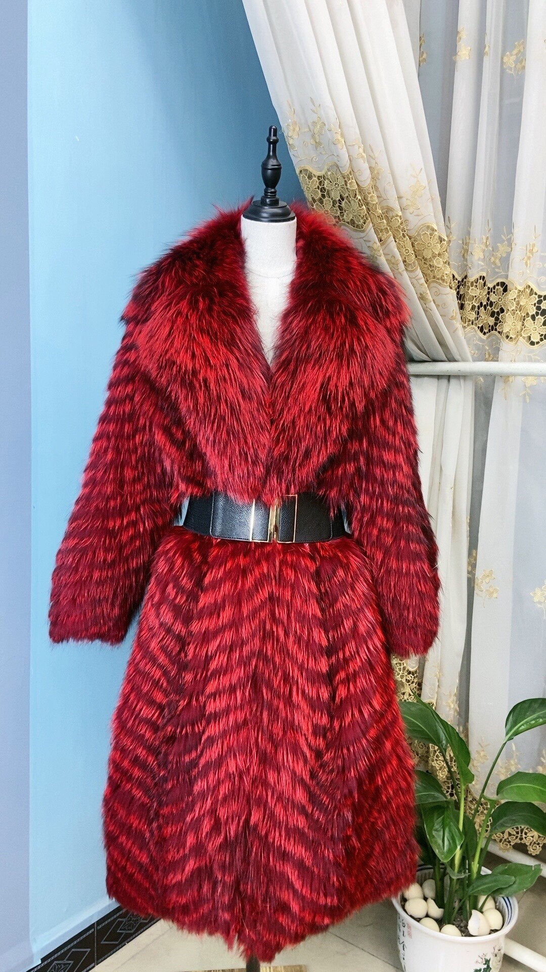 Luxury Striped Real Fur Coats X-Long