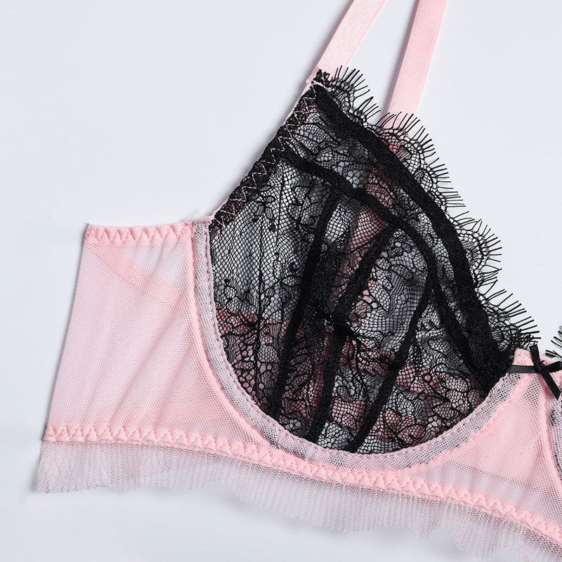 Black And Pink Lace Contrast 3-piece Set