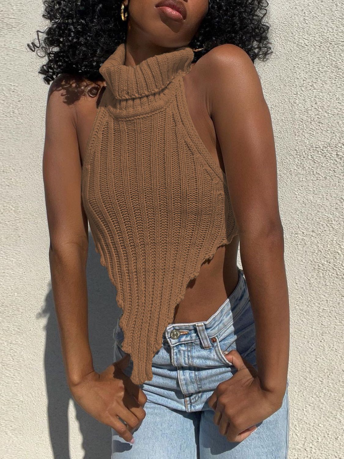 Knitted Turtleneck Backless Crop Top