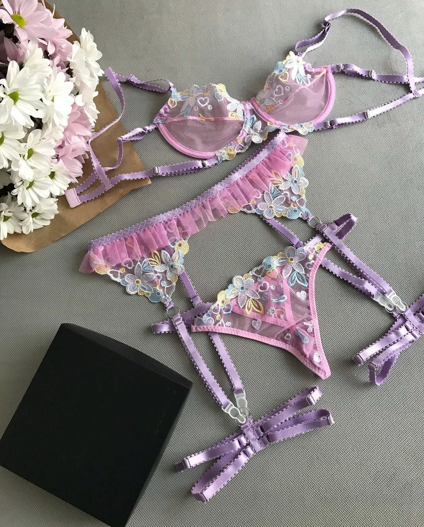 Purple Floral Sheer Lingerie Set