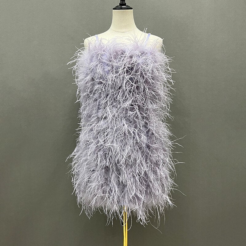 Ostrich Feather Mini Dresses With Shoulder Strap