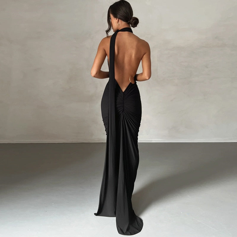 One Shoulder Back Tie Sleeveless Maxi Dresses