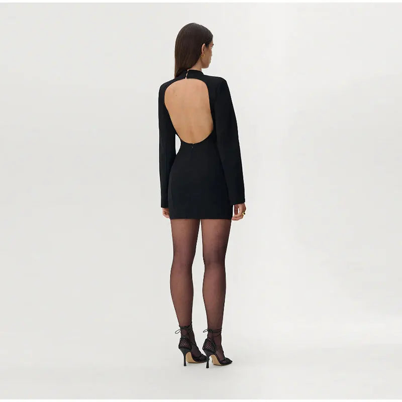 Black Long Sleeve Back Hollow Mini Dress