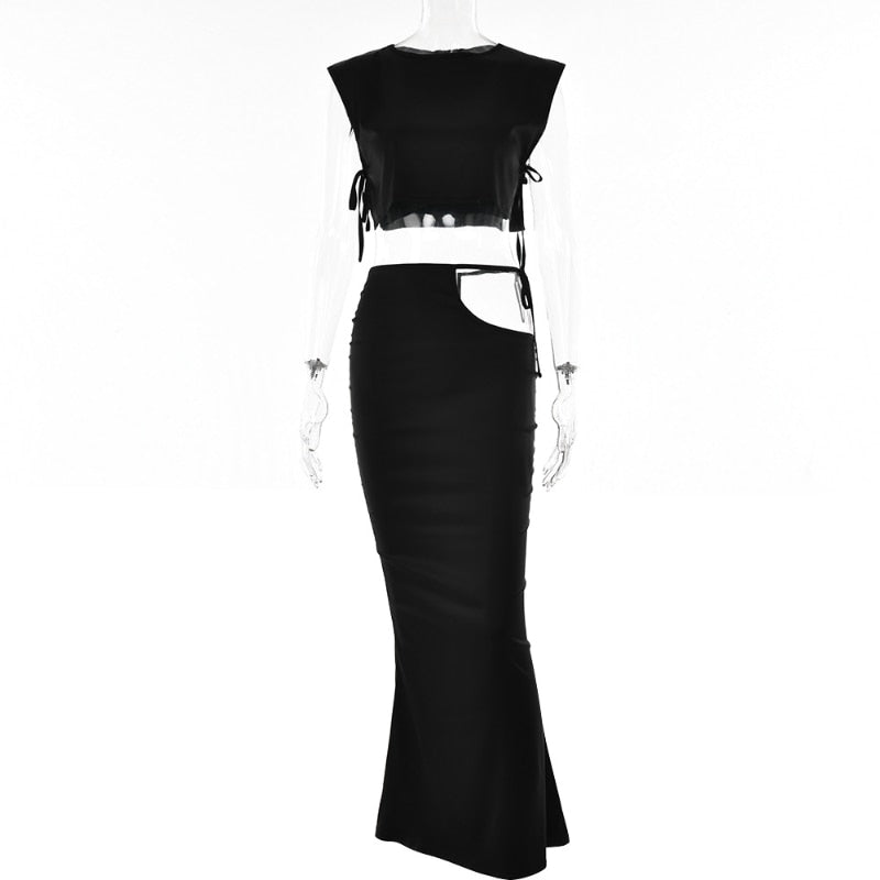 Black Satin Side Tie Up Crop Top And Maxi Skirt Set