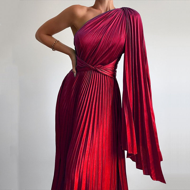 Satin Pleated Drape Sleeve Floor-Length Dresses