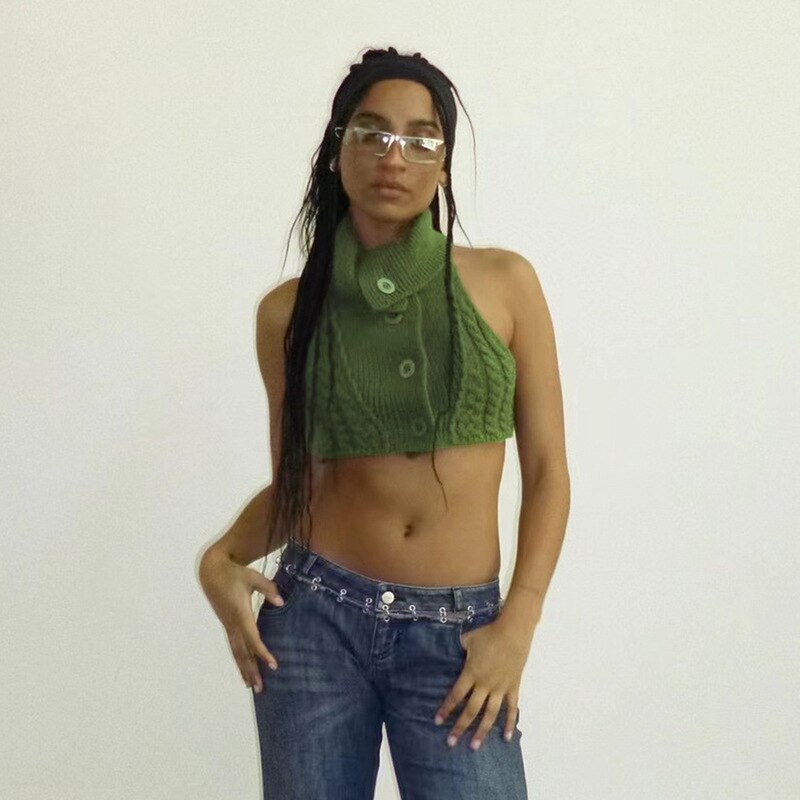 Green Knit Button Turtleneck Crop Top