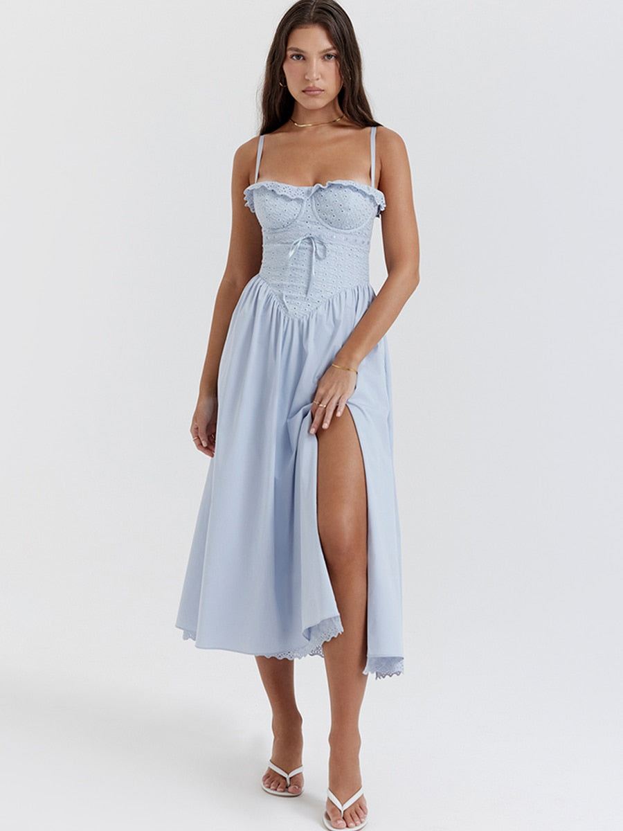 Blue Broderie Anglais Slit Midi Dress