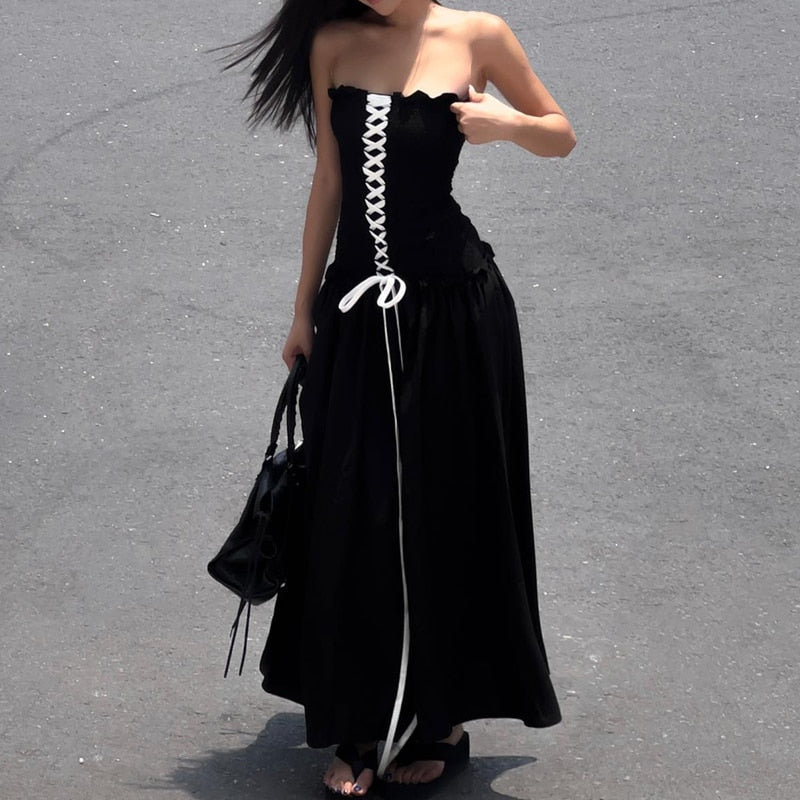 Black Tube Ruched Lace Up Maxi Dress