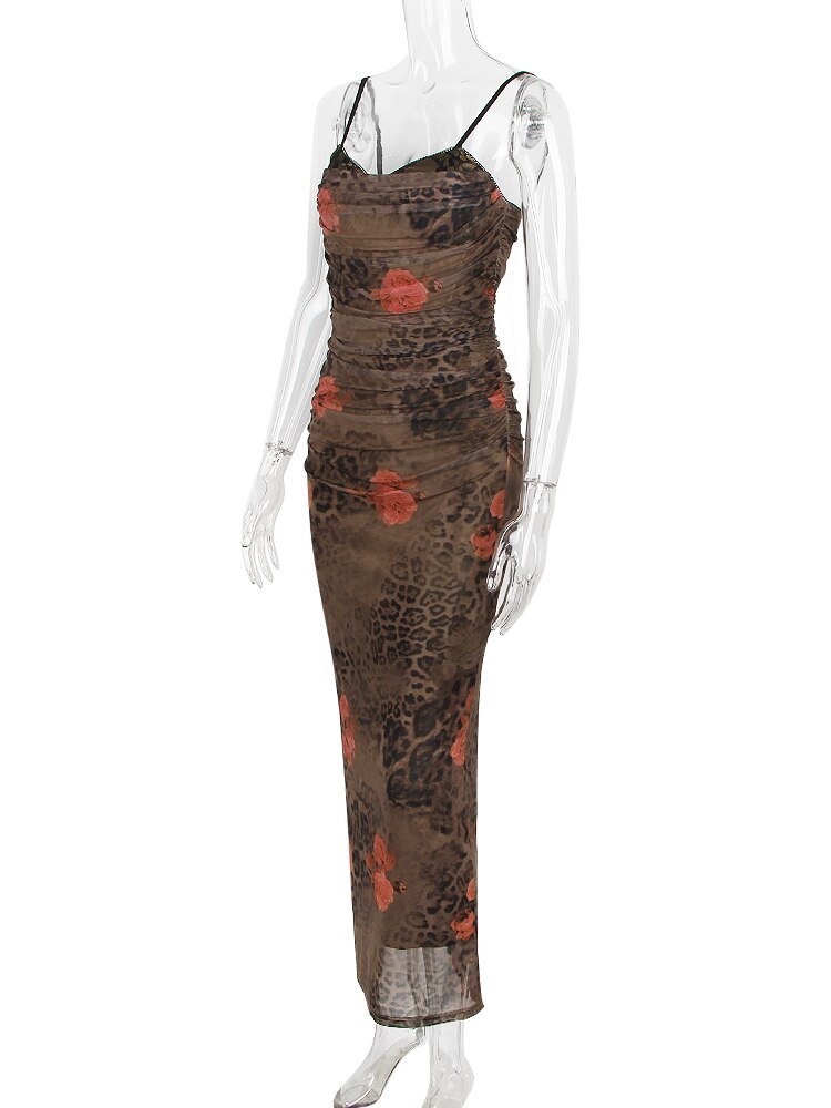 Brown Mesh Printed Corset Midi Dress