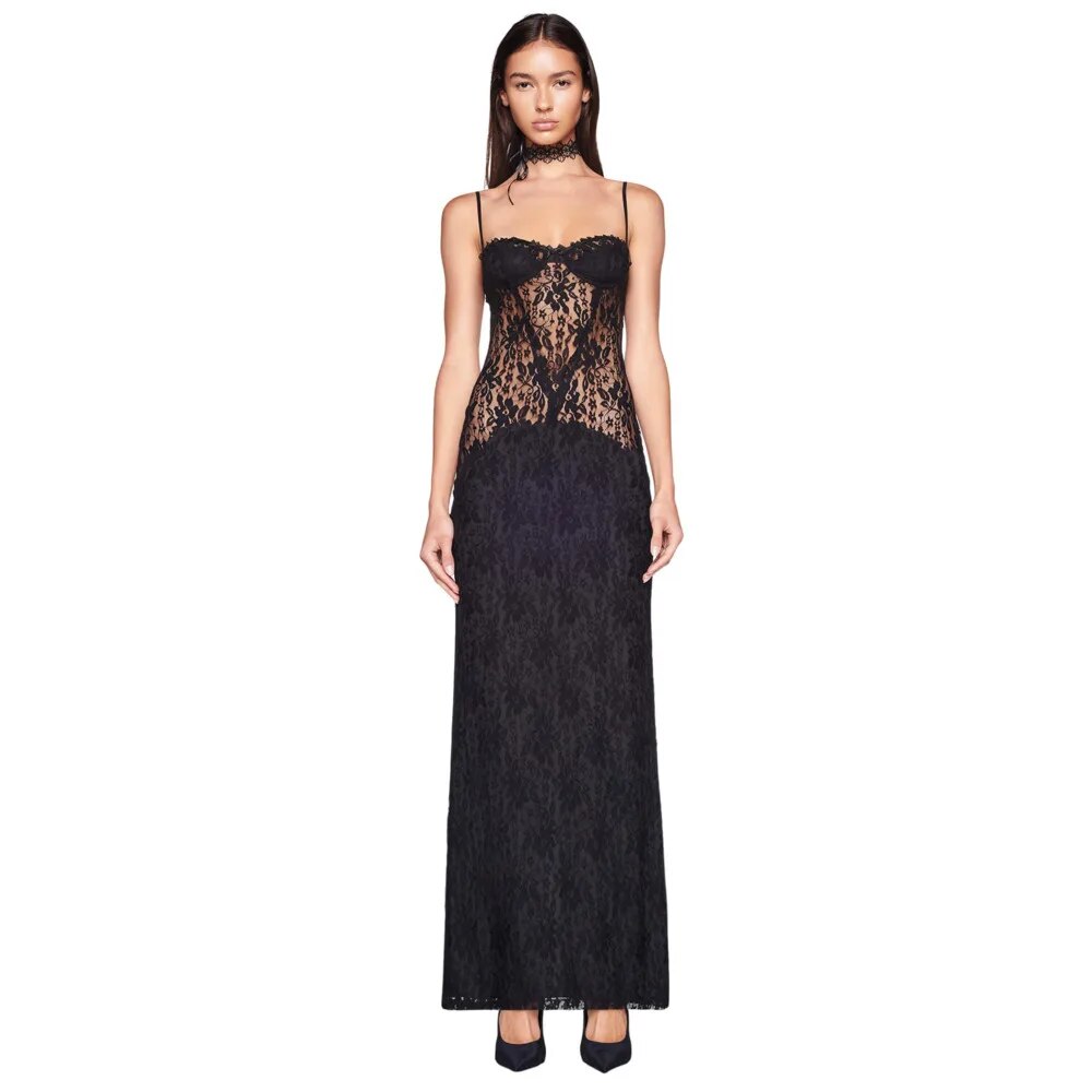 Black Lace Patchwork Strappy Maxi Dress