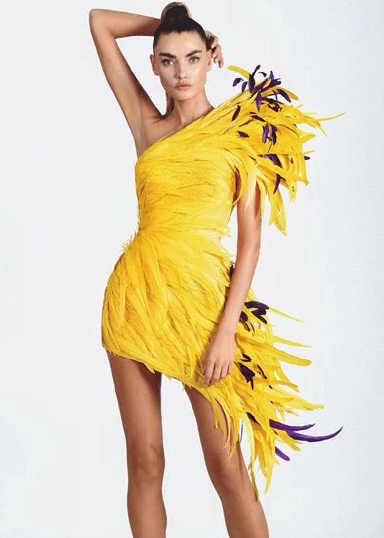 Yellow Feather Mini Dress