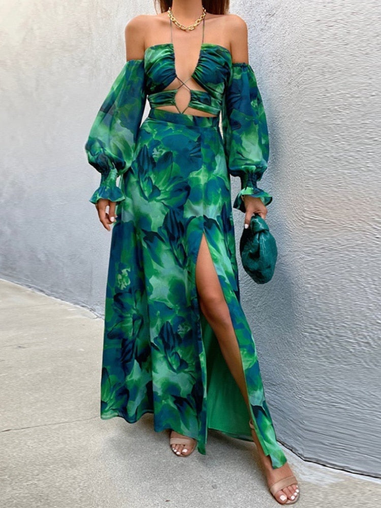 Green Flora Print Off-shoulder Backless Maxi Dress