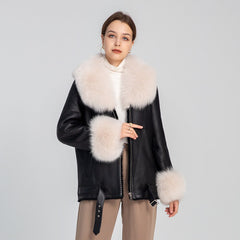 Genuine Leather Coats Real Shearling Fur Collar & Cuffs