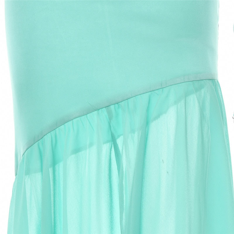 Mint Off-shoulder Cupped Top And Mesh Midi Skirt Set