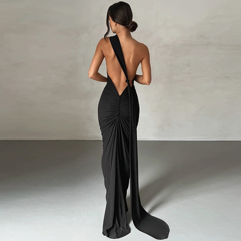 One Shoulder Back Tie Sleeveless Maxi Dresses