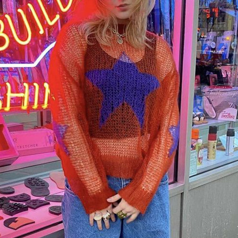 Knit Mesh Star Pattern Sweater