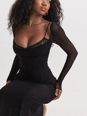 Black Long Sleeve Mesh Bodycon Maxi Dress